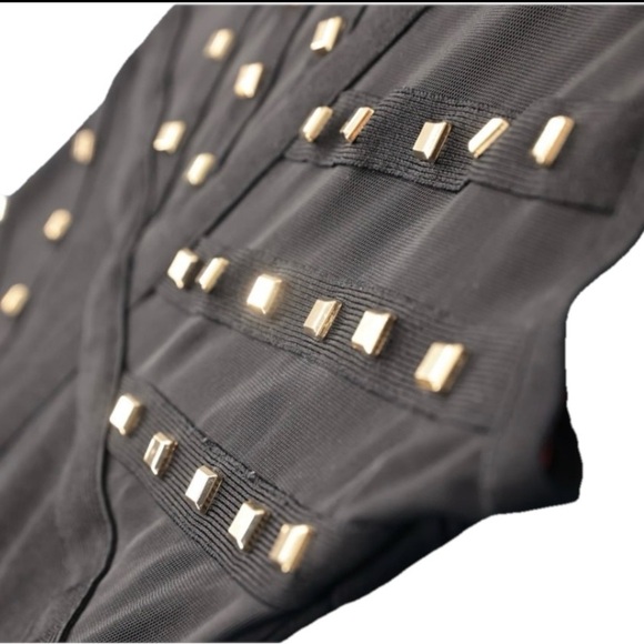 Womens Halter Neck Caging Stud Mesh  Bandage Black Gold Dress sz XS Sexy Mini - Picture 4 of 9